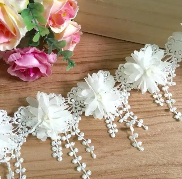 Lace Fabric Chiffon Fabric Chiffon Lace Fabric Lace Decoration Lace Accessories 1 Yard/Lot 8.5cm Off White 3D Chiffon Rose Lace Fabric Flower with Pearl Wedding Deco Fringe Lace Trim DIY Craft