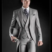 Утренний стиль, одна пуговица, светло-серый фрак жениха, мужские свадебные костюмы на выпускной(пиджак+ брюки+ жилет+ галстук) K: 336