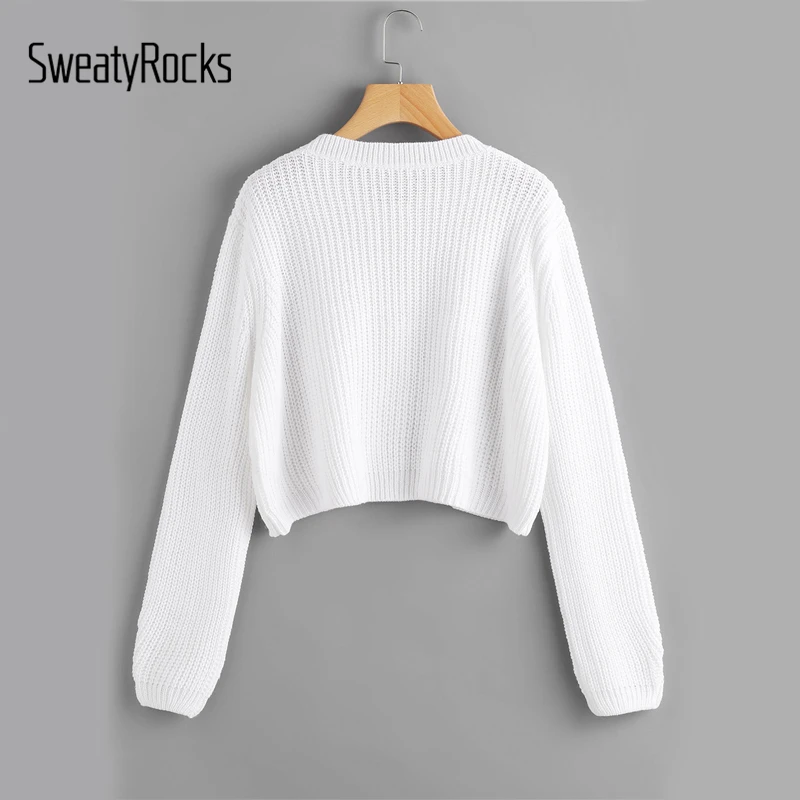 Свитер для женщин с круглым вырезом и длинным рукавом, белый свободный крой, пуловер для девочек, Осенний Повседневный свитер