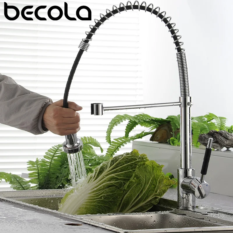 

becola Pull Down Spring Brass Kitchen Faucet Hot and Cold Chrome Spray Water Mixer Sink Tap pull out CH-8003