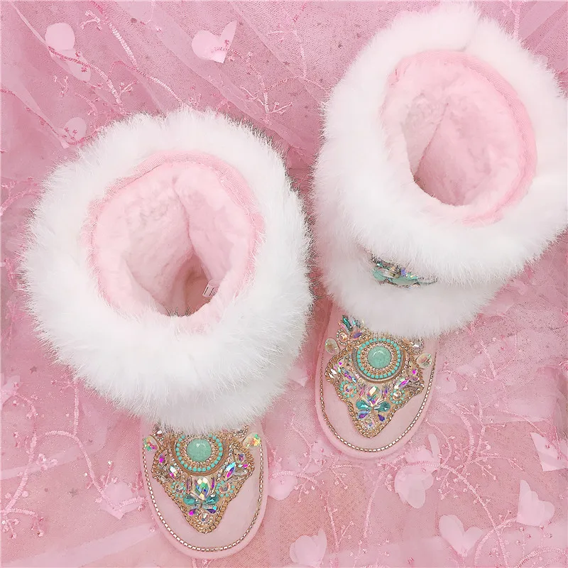 Totem Piel Negro Bottes Les Preciosa Zapatos Femme Mujer Rosado Nieve Pierna De Botas Mujeres Piedra Media Caliente Damas Gem Invierno rTwzCZxrq