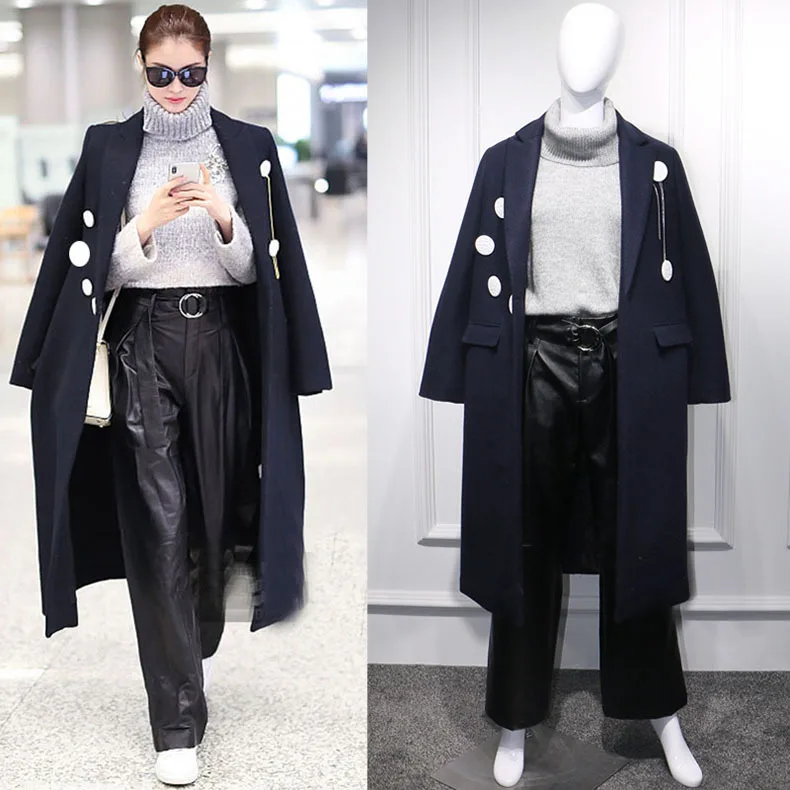 

UK British New Fashion 2019 Fall / Winter Women Simple Padded Woolen Noched Maxi Long Coat Female Overcoat Casacos Manteau femme