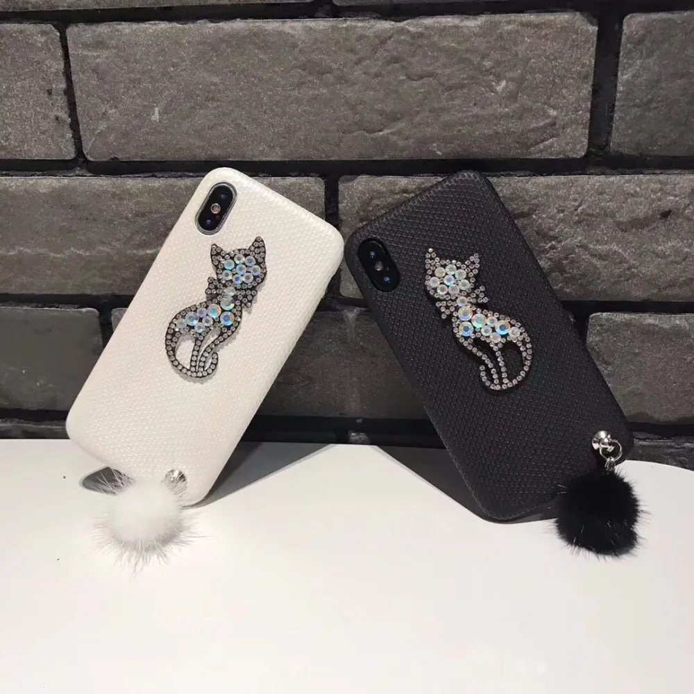 

3DFlash Diamond Cat Phone Case For iPhone X 7 8 6 7plus 6s Leather Mink Hair Pendant Soft Case For iPhone 6s 7 8plus Cover Coque