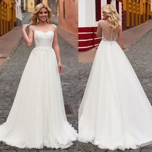 Junoesque Тюлевое ТРАПЕЦИЕВИДНОЕ свадебное платье с кружевной аппликацией с открытой спиной сексуальное свадебное платье robe mariage по индивидуальному заказу