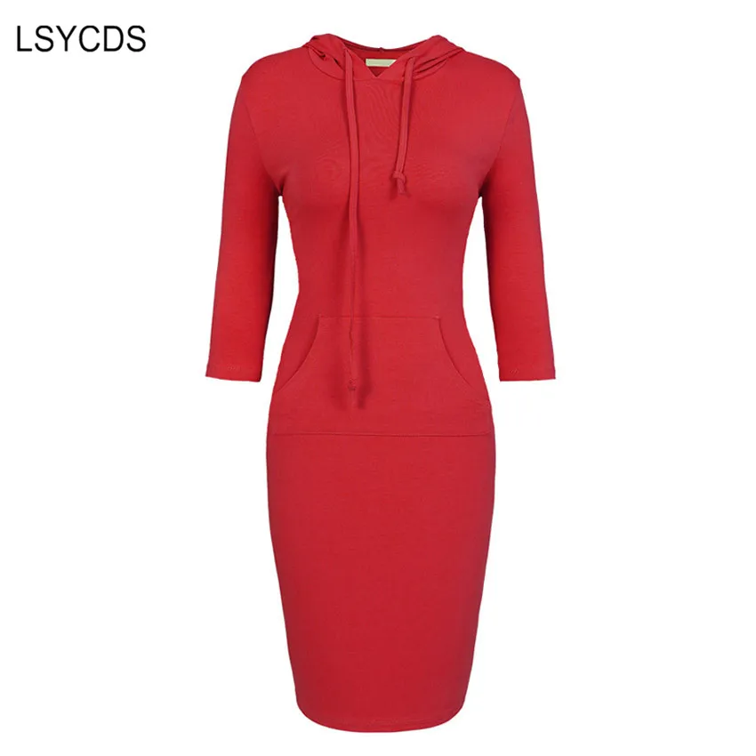 

LSYCDS Fashion Hoodie Dress for Women 2019 Spring Autumn 3/4 Sleeve Cotton Pencil Dress Woman Sweatshirt Red Casual Dresses