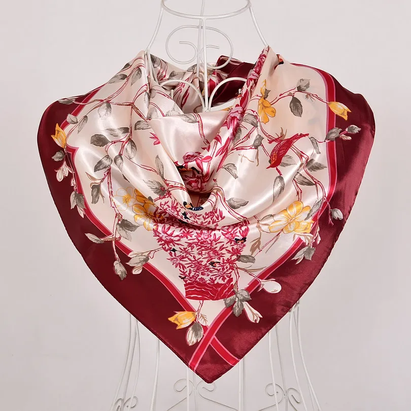 [BYSIFA] зимний квадратный атласный платок накидка темно-синий розовый пион шелковый шарф с рисунком шаль весна осень женский шарф головные уборы - Цвет: red 541