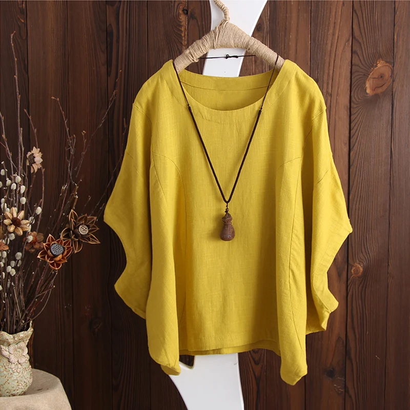 

Plus Size 2019 ZANZEA Women Batwing Sleeve Loose Summer Blouse Solid Casual Baggy OL Work Top Cotton Linen Shirt Yellow Blusas
