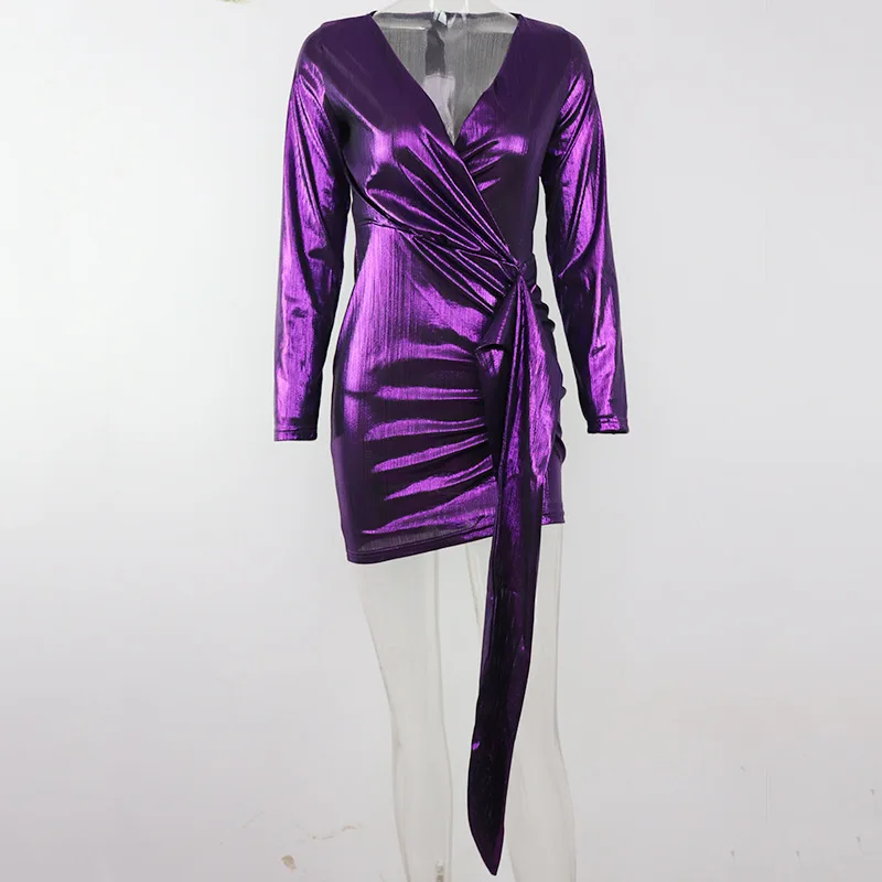 Women Deep V-Neck Bandage Dresses Bodycon Long Sleeve Evening Party Club Short Dress - Цвет: VI551Purple