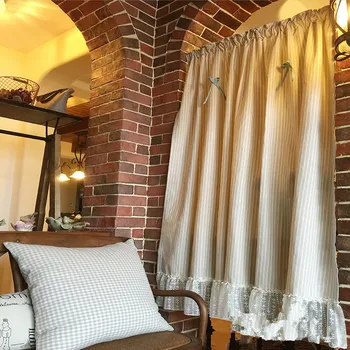 

Korean Style Cotton Light Coffee Stripe Bow-knot Lace Decorative Partition Curtain Home Short Curtain140*153cm