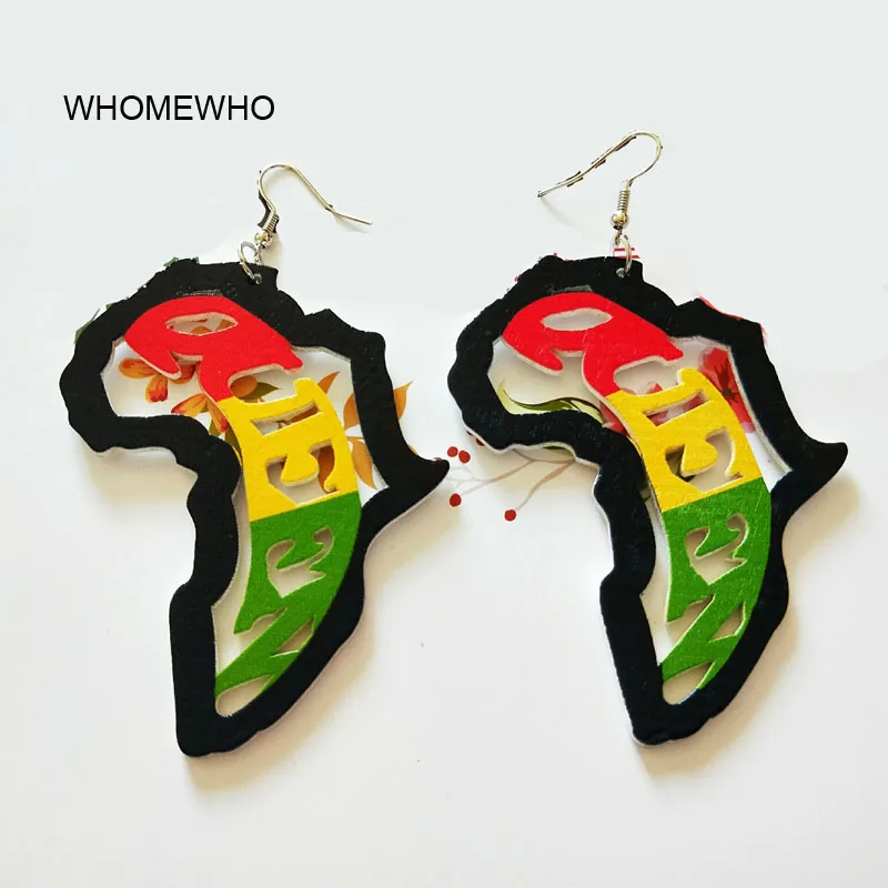

Colourful Painting Wood Hollow Out Africa Map Tribal Tropical Fashion Black Women Earring Vintage Wooden African Hiphop Jewelry