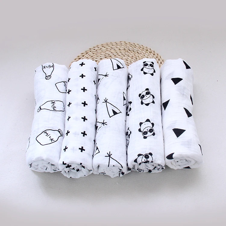 black and white muslin swaddle