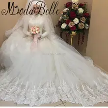 2017 Modern White Arabic Lace High Neck Long Sleeve Wedding Dress Hijab Tulle Satin Trouwjurk Islamic Muslim Bridal Gowns