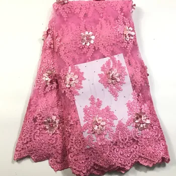

2018 New African Lace Fabric Baby Pink High Quality 3D Flower French Net Wedding Nigeria Embroidered Party Dress M26083