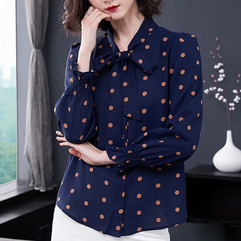  Wave point women chiffon shirt female long sleeve 2019 spring blouse new bow tie with temperament t
