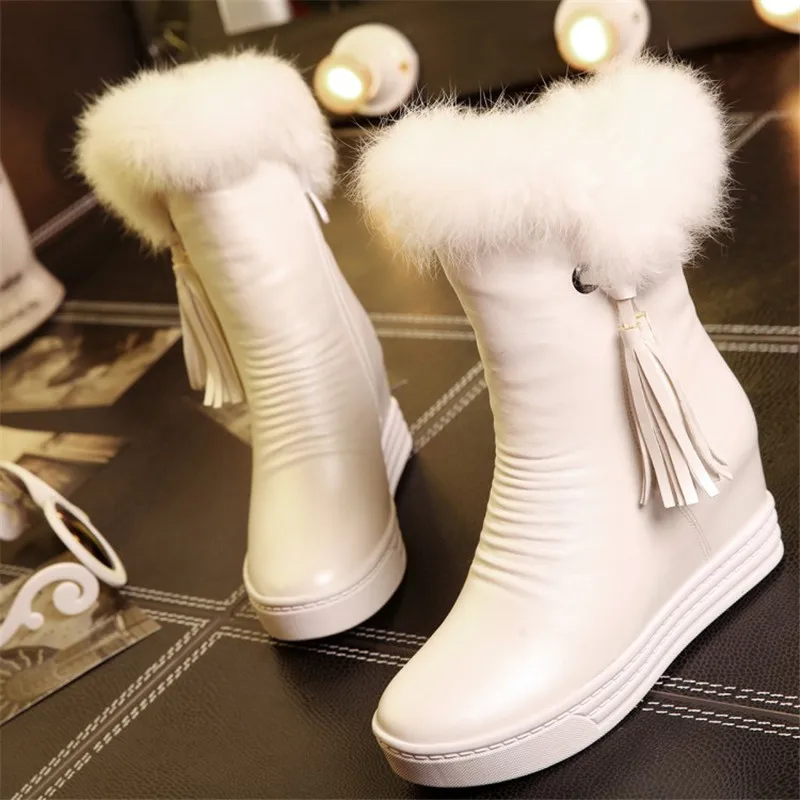 

2019 Fashion Fringe Real Rabbit Hair women's Shoes Woman Boots Height Increasing Warm Plush Winter Snow Boots Female