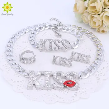 

Fashion Choker Letter Pendants Necklace For Women Cute Red Kiss Lips Silver Color Necklace Sets Fashion Jewelry Sets
