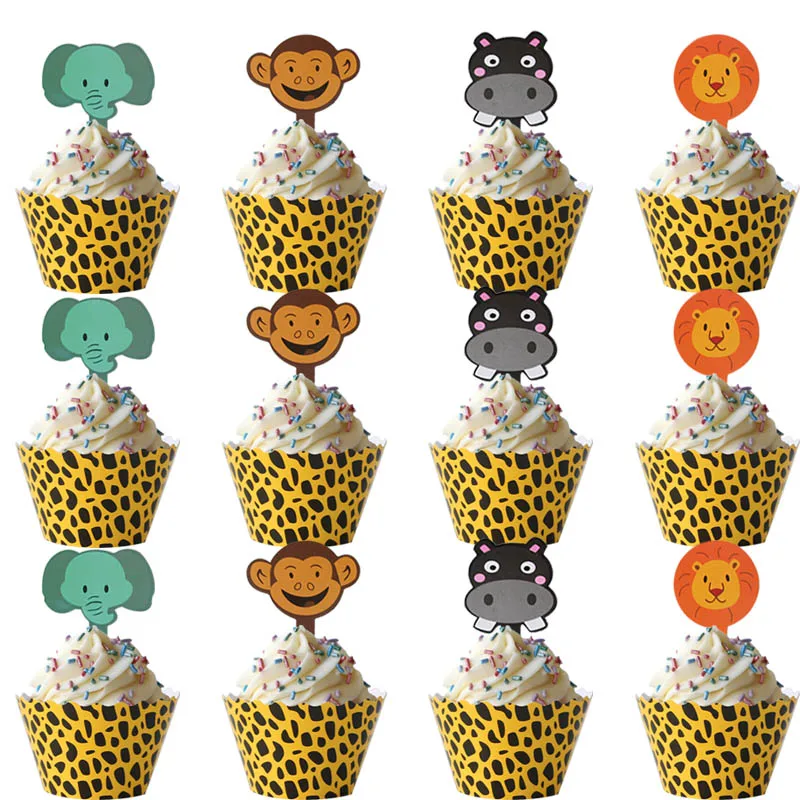 jungle party animal cupcake wrapper topper boy birthday party decorations kids cake topper Owl fox bear baby shower decor - Цвет: 12set cupcake