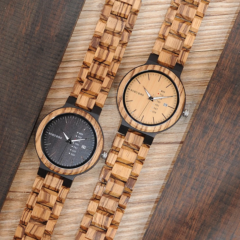 BOBO BIRD WO26 Zebra Wood Watch for Men with Week Display Date Quartz Watches Classic Two-tone Wooden Drop Shipping