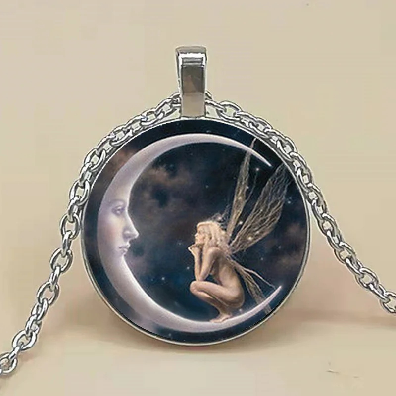 

Hadas Goticas Angel Moon Tibet Silver Personality Custom Glass Necklace Pendant Jewelry Gift