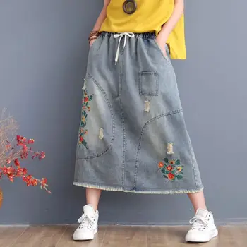 

Women jeans skirt girk long skirt Summer art embroidery hole burrs restoring ancient ways draw string elastic waist ladies 926