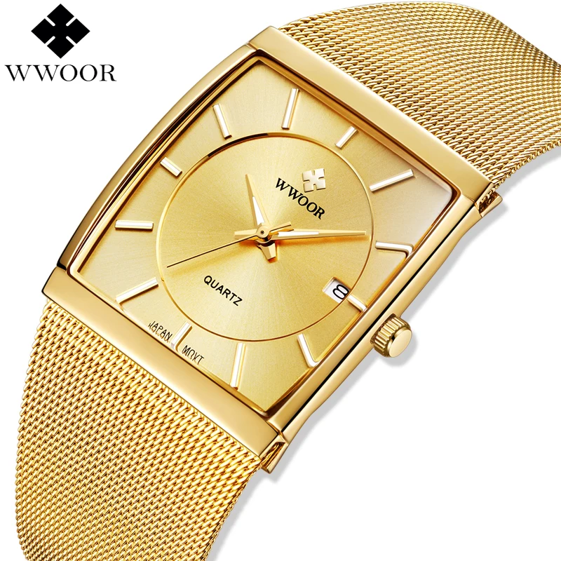 

WWOOR 2019 New Top Luxury fashion Men's Gold Square Quartz Watch Men Steel Mesh Golden Man Waterproof Clock Relogio Masculino