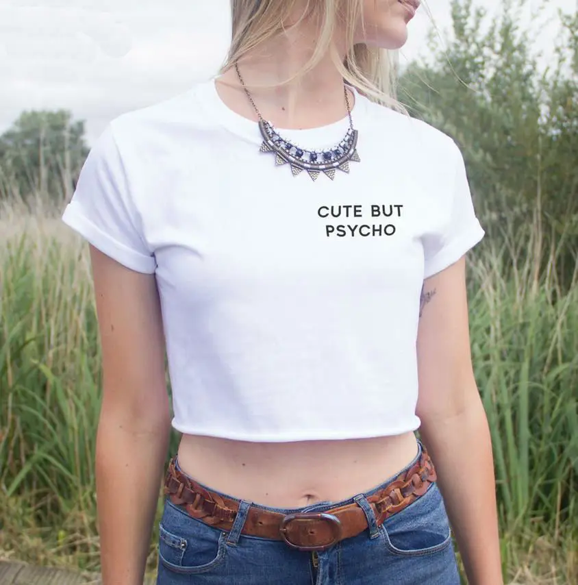 Women Summer Crop Top Pocket Cute But Psycho Short tshirt 2015 Sexy Slim Funny Tee Hipster Latest Black White HH203-1 | Женская одежда