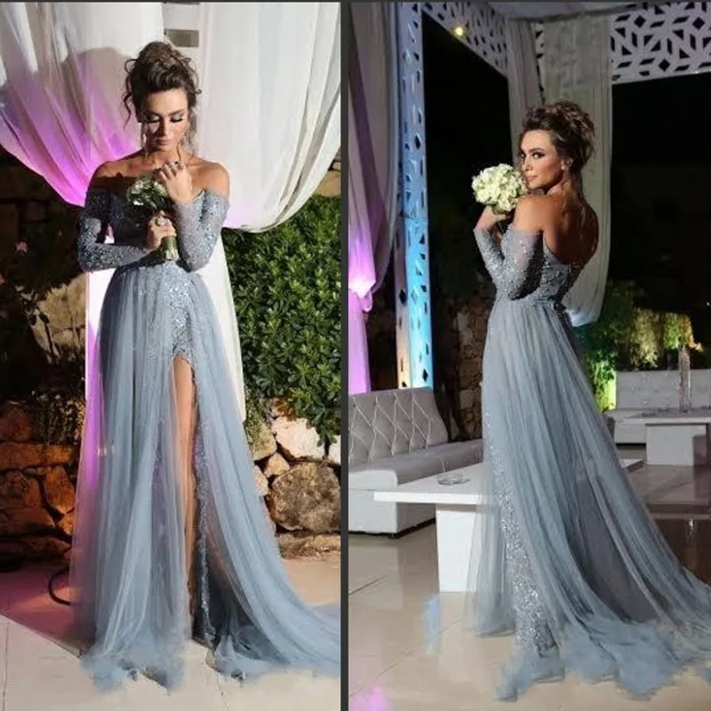 

Stunning Gray Prom Dress A line Long Sleeve Tulle Party Evening Gowns Elegant Slit Applique Sexy Pageant Dress For Women