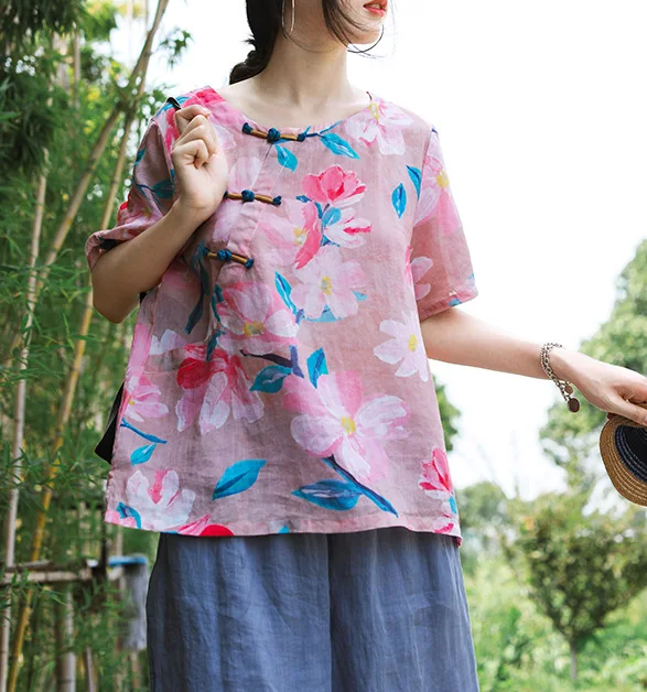 

Summer Blouse Retro Loose Women Casual Ramie Shirt 2019 New Female Tops O-Neck Button Short Sleeve Print Mori girl Tops