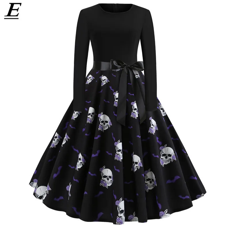 

2019 Skull Pumpkin Print Halloween Dress Robe Women Vintage Long Sleeve Party Dress High Waist Autumn Winter Casual Midi Dresses