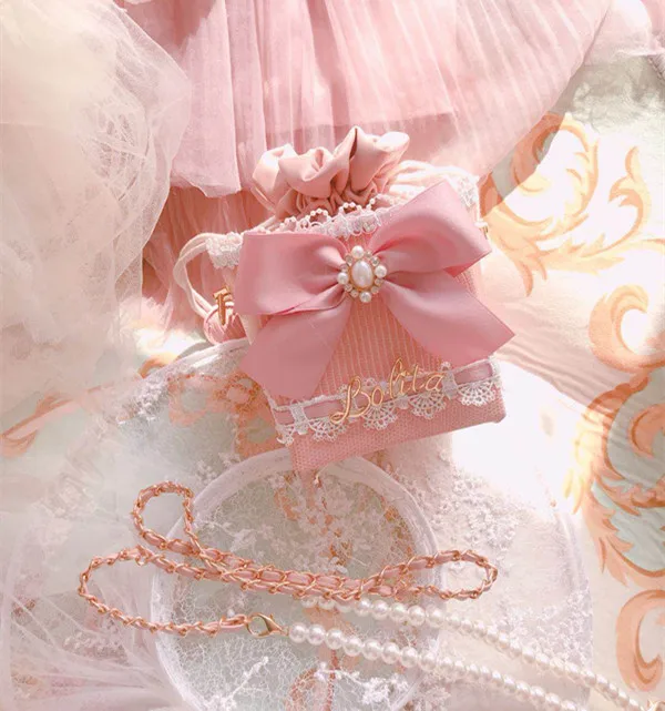 Лолита розовый бант с жемчужными бусинами цепь сумка через плечо сумка из искусственной кожи для девочек женские подарки Принцесса Сумка косплей