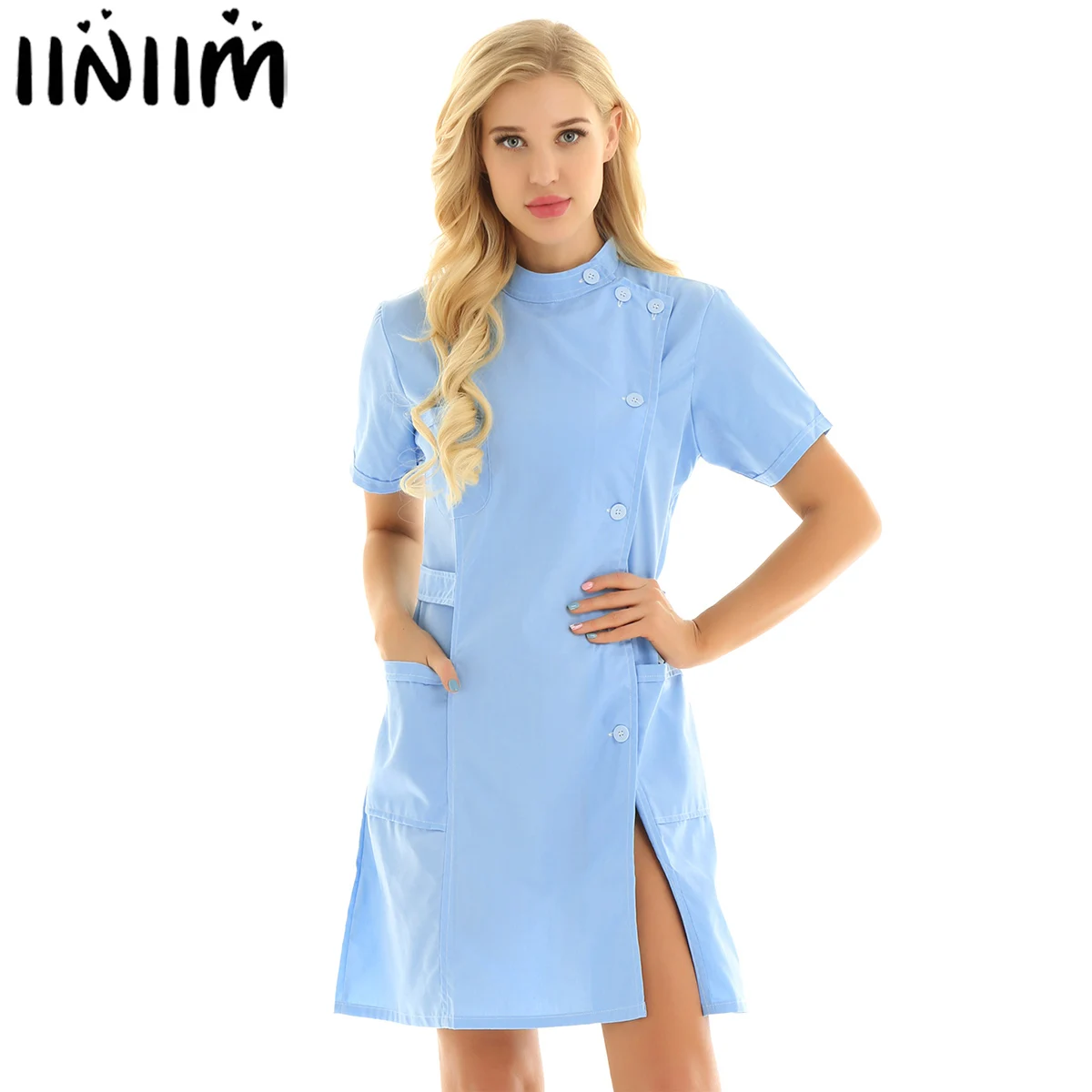 

iiniim Womens Mandarin Collar Short Sleeve Slanting Button Front Solid Color Hospital Nurse Scrub Lab Coat Uniform Dress
