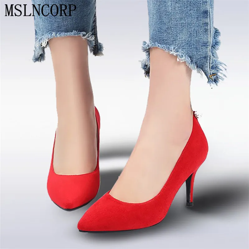 

plus size 34-40 Women Pumps 2018 Pointed Toe Slip on Suede High Heels Wedding Shoes Woman Ladies Fashion Thin Heel Zapatos Mujer
