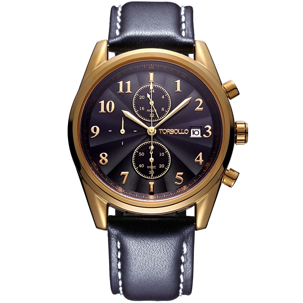 

High Quality Genuine Leather Men Quartz Watch Chronograph Multifunction Business Men Wrist Watch Black