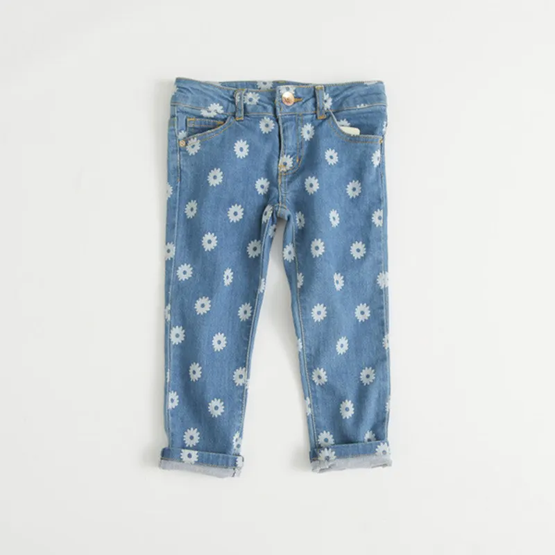 White Flowers Girls Jeans Pants Autumn Kids Trousers Soft Cotton
