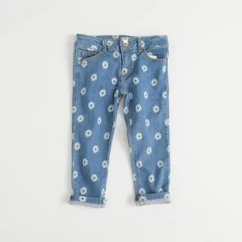 

White Flowers Girls Jeans Pants Autumn Kids Trousers Soft Cotton Children Denim Pants 2-8 Years Princess Kids Girls Jeans