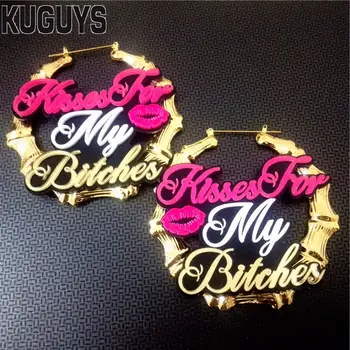 

KUGUYS Hyperbole Bamboo Large Hoop Earrings for Women Fashion Woman Letter Lips BITCH Earring Jewellry Accessories