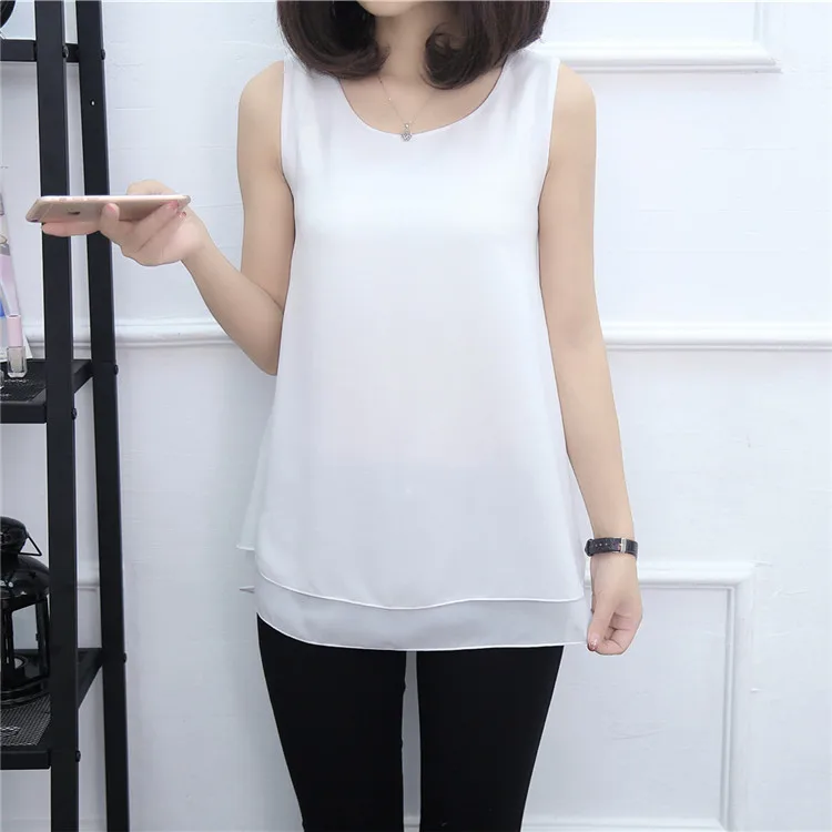 New Solid color Women Long Chiffon shirt summer Casual Top plus size S-6XL Loose sleeveless Blouse Double chiffon Blouses