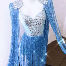 Синий кисточкой сексуальные наряды со стразами погоны бахромой дизайн вечерние платья Dj певица ночной клуб Боди костюм