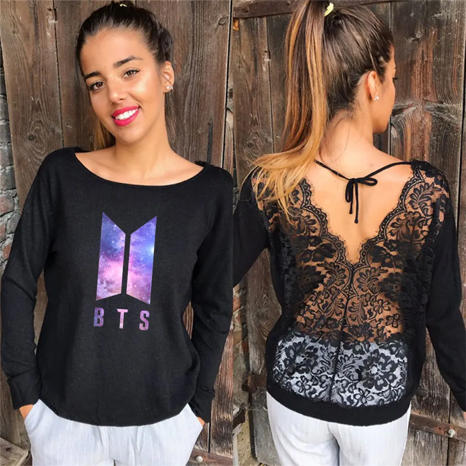 

BF 2019 NEW Women Tshirt Kpop Fans Printed Love Yourself Cotton Women Lace Stitching Halter Long-sleeved T-shirts