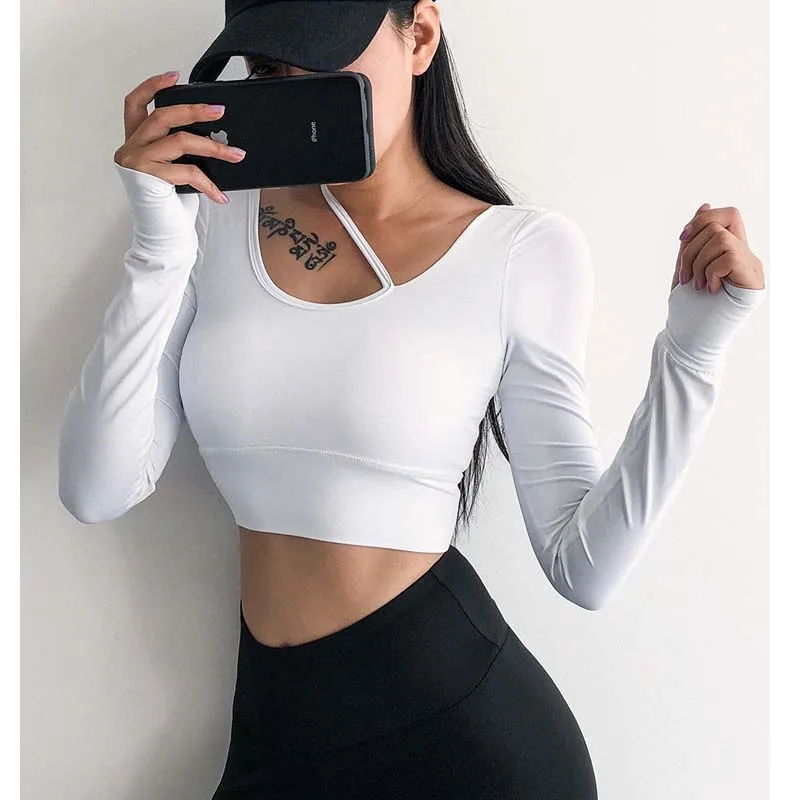 Женская сексуальная спортивная футболка с длинным рукавом, одежда для бега, фитнес-рубашка, тренировочный топ для йоги, спортивный топ - Color: White
