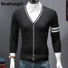 Сезон: весна-лето мужской вязаный кардиган свитер пальто короткий Мужской немного шаль трикотажная куртка для мужчин в полоску черны