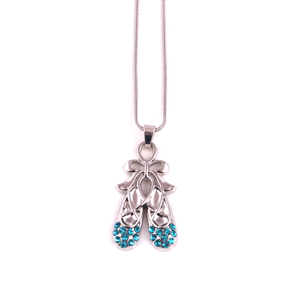 

Women Necklace Jewelry Snake Chain Ballet Shoes Shape Bule Crystal Vintage Antique Silver Ballet Shoes