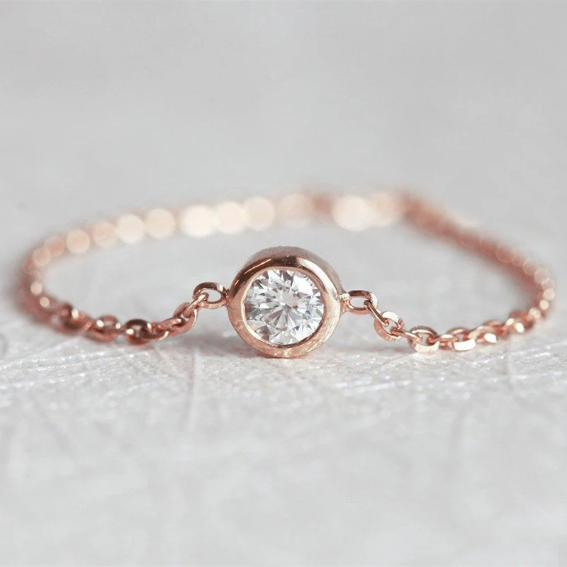 

Dainty Round Zircon Solitaire Ring Rose Gold Color Women Chain Stacking Engagement Ring Cute Exquisite Jewelry Gift
