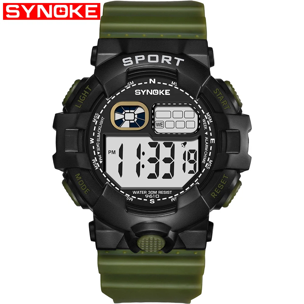 SYNOKE мужские спортивные часы светодиодный цифровой Известный люксовый бренд из нержавеющей стали с календарем сигнализация водонепроницаемые армейские мужские наручные часы оптом - Цвет: Green