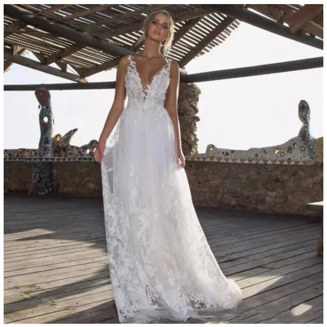Vestido De Noiva 2019 Deep-v-neck Moden Wedding Dress Vestido De Novia Playa Custom Made Backless - Wedding Dresses -