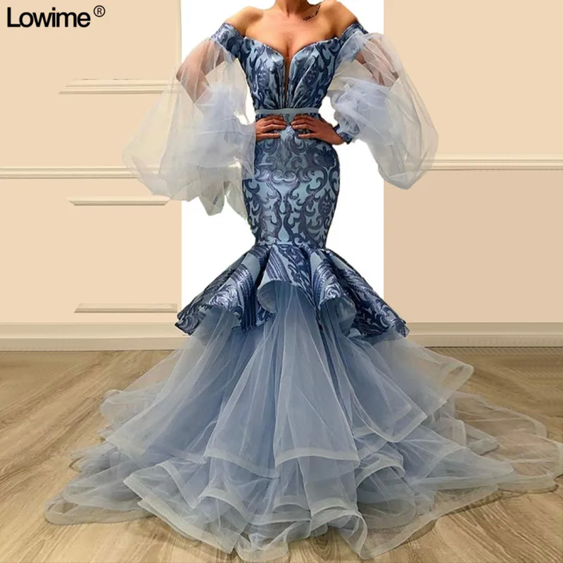 Fashion Illusion Long Sleeves Arabic Lace Evening Dresses 2019 Dubai Robe De Soiree Tiered Court Train Prom Dresses Long