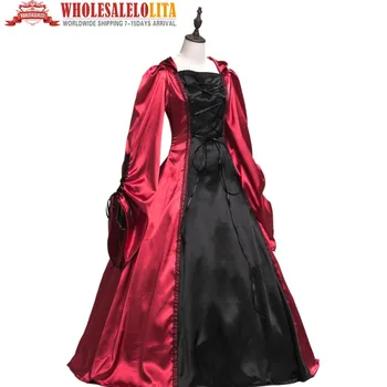 

Lolita Medieval Gothic Costume Party Costume Red Vintage Plain Sateen Long Sleeve One Piece Dress