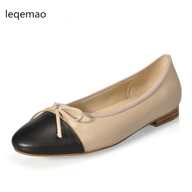 New Fashion Spring Autumn Women High Quality Office Lady Shoes Cow Leather Round Toe Bowite Ballet Flats Casual Dress Shoes