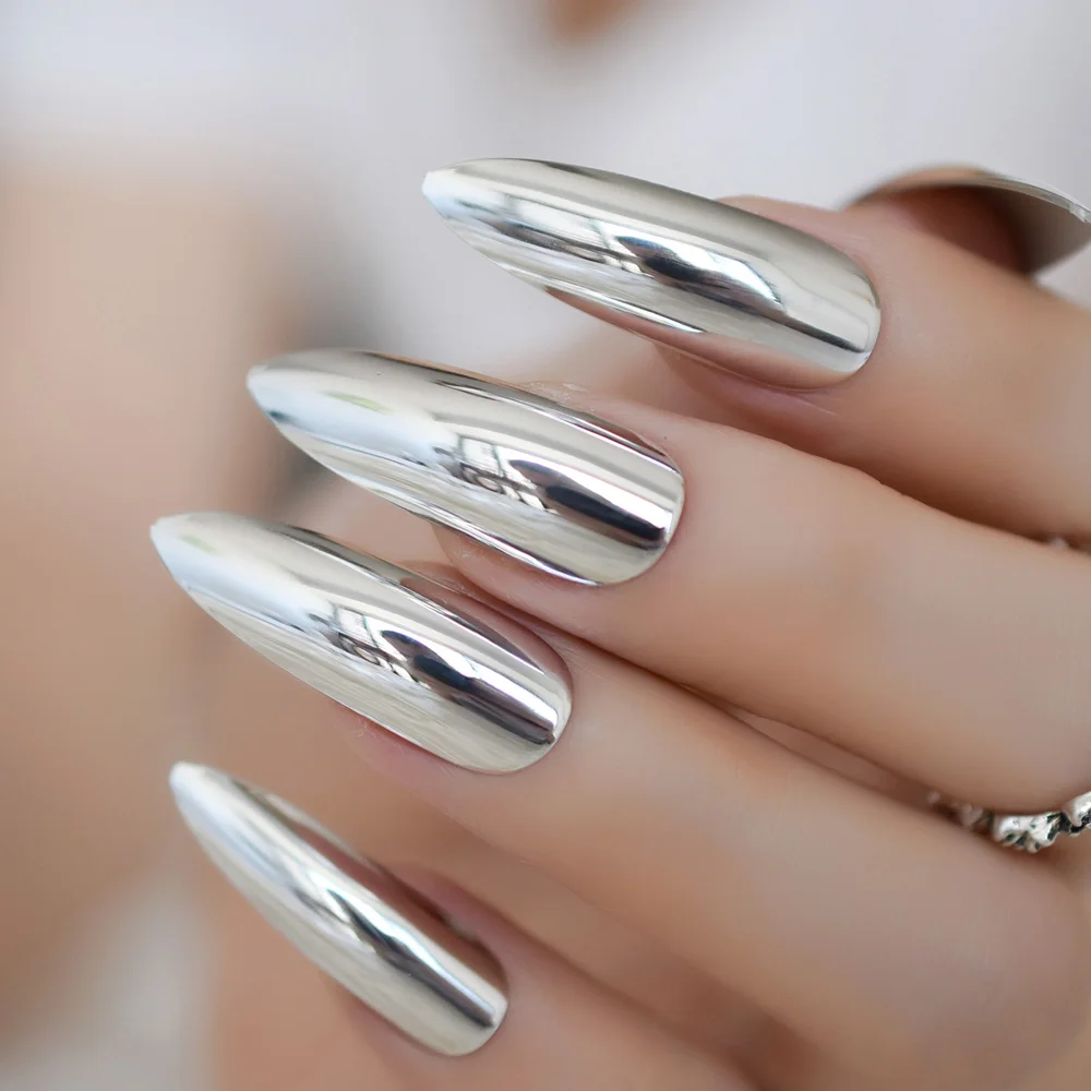 Удлиненные зеркальные накладные ногти на шпильках, серебристые красивые дизайнерские накладные ногти, цветные искусственные накладные ногти, 24 карата - Цвет: L5030