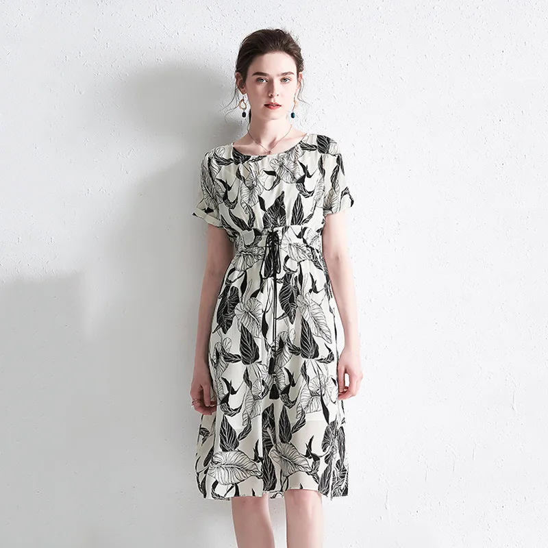 

Printing Silk Dress Summer Midi Dresses High Waist Tunic sukienka
